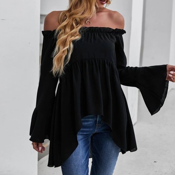 . Tops - Black Off-shoulder High Low Blouse